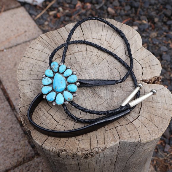 Native Americans Jewelry Navajo Bolo Tie Cluster Turquoise Handmade Jewelry*** - Picture 3 of 8